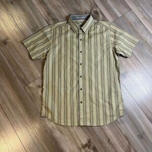 Kuhl Mens Small Short Sleeve Button Down Shirt Tan Striped Bin L-34